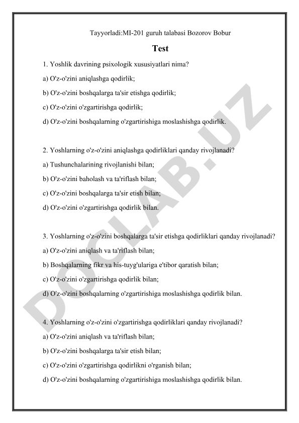 Yoshlik davrining psixologik xususiyatlari testi