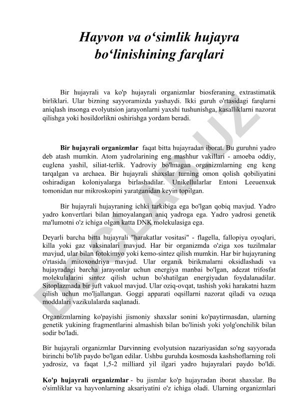 Hayvon va oʻsimlik hujayra boʻlinishining farqlari