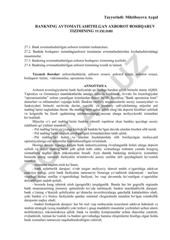 Bankning avtomatlashtirilgan axborot boshqaruv tizimining tuzilishi
