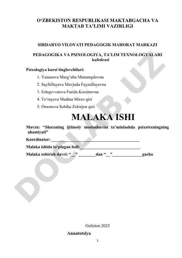 Shaxsning ijtimoiy moslashuvini ta'minlashda psixotreningning ahamiyati