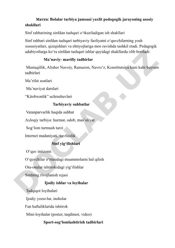 Bolalar tarbiya jamoasi yaxlit pedogogik jarayoning asosiy shakllari