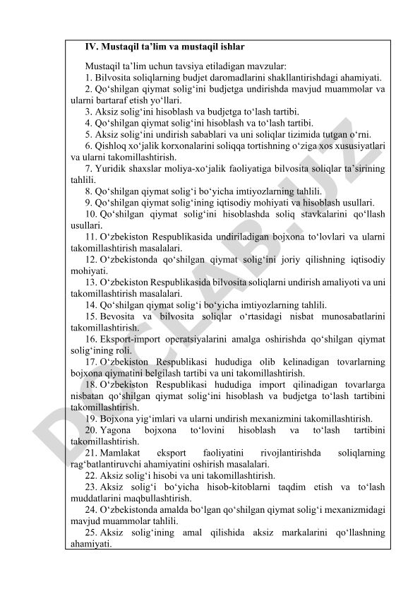 Bilvosita soliqlar va qo'shilgan qiymat solig'i bo'yicha mustaqil ta'lim mavzulari