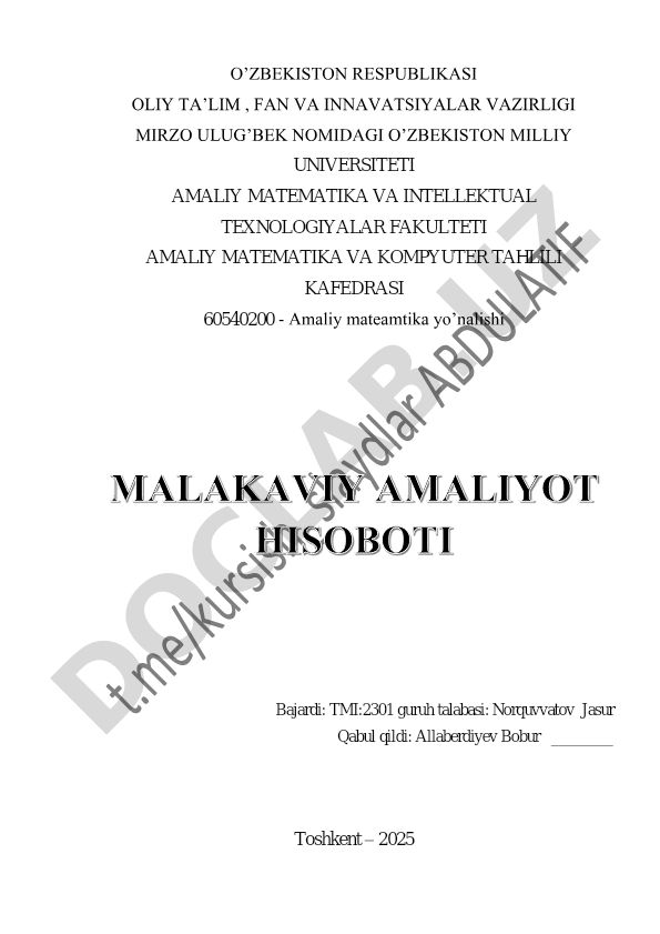 Funksiyalar, matritsalar, massivlar va sinflar bo'yicha amaliy matematika kurs ishi