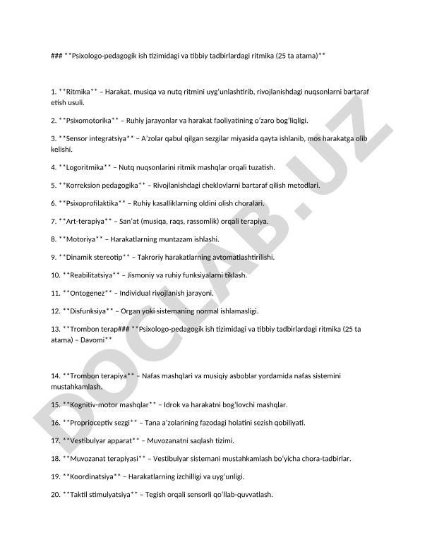 Psixologo-pedagogik ish tizimidagi va tibbiy tadbirlardagi ritmika atamalari