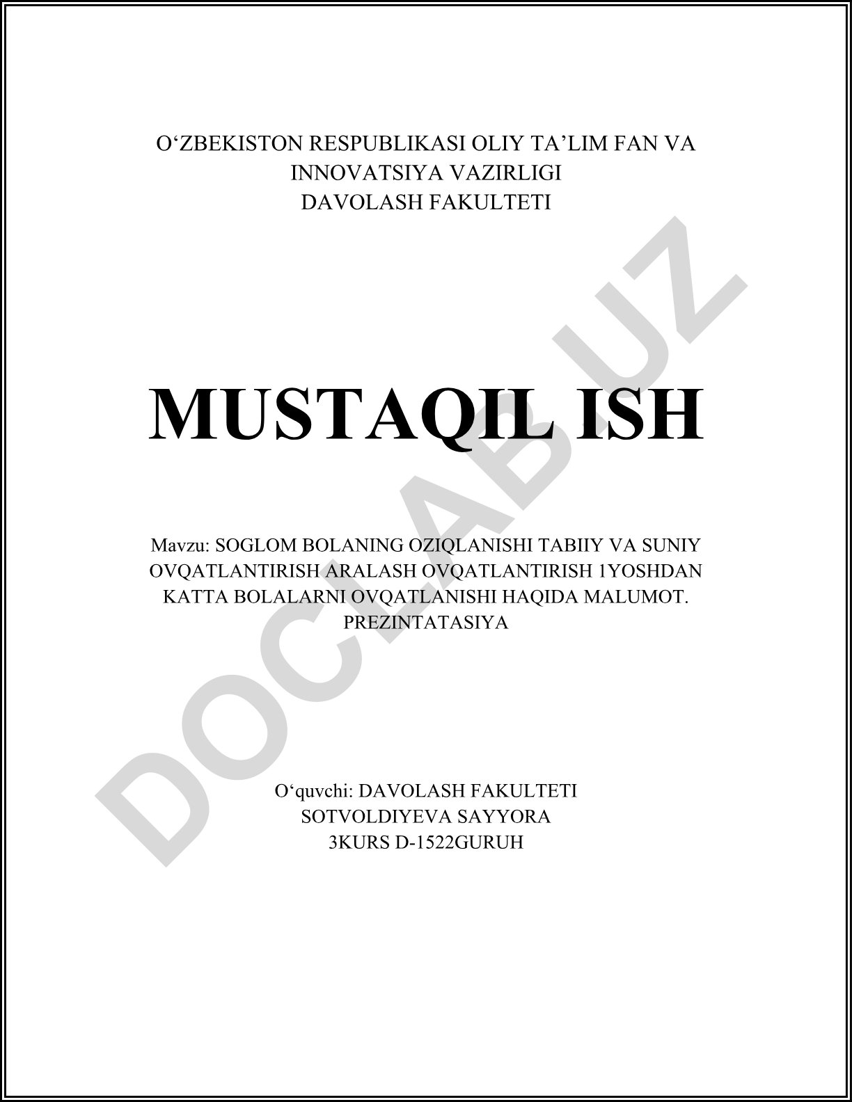 Sog'lom bolaning oziqlanishi tabiiy va sun'iy ovqatlantirish