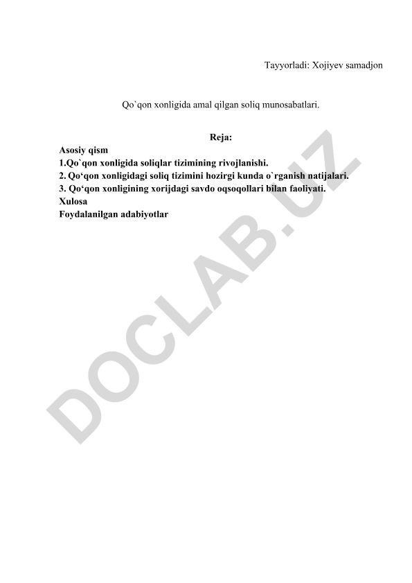 Qo'qon xonligida amal qilgan soliq munosabatlari