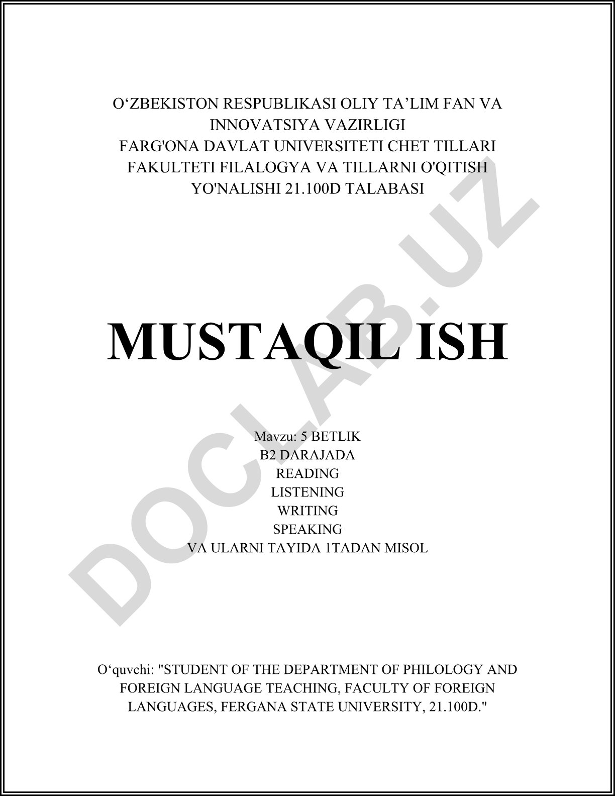 5 betlik B2 darajadagi reading, listening, writing, speaking va ularni tayida 1tadan misol