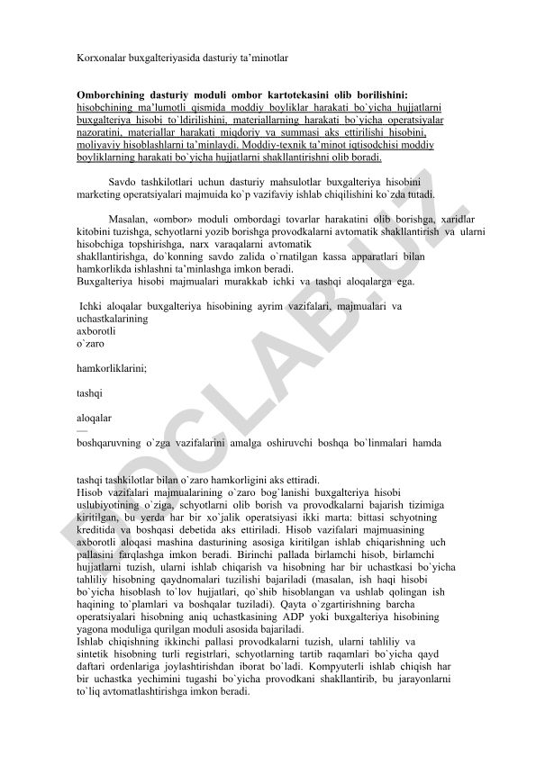 Korxonalar buxgalteriyasida dasturiy ta'minotlar va ombor moduli
