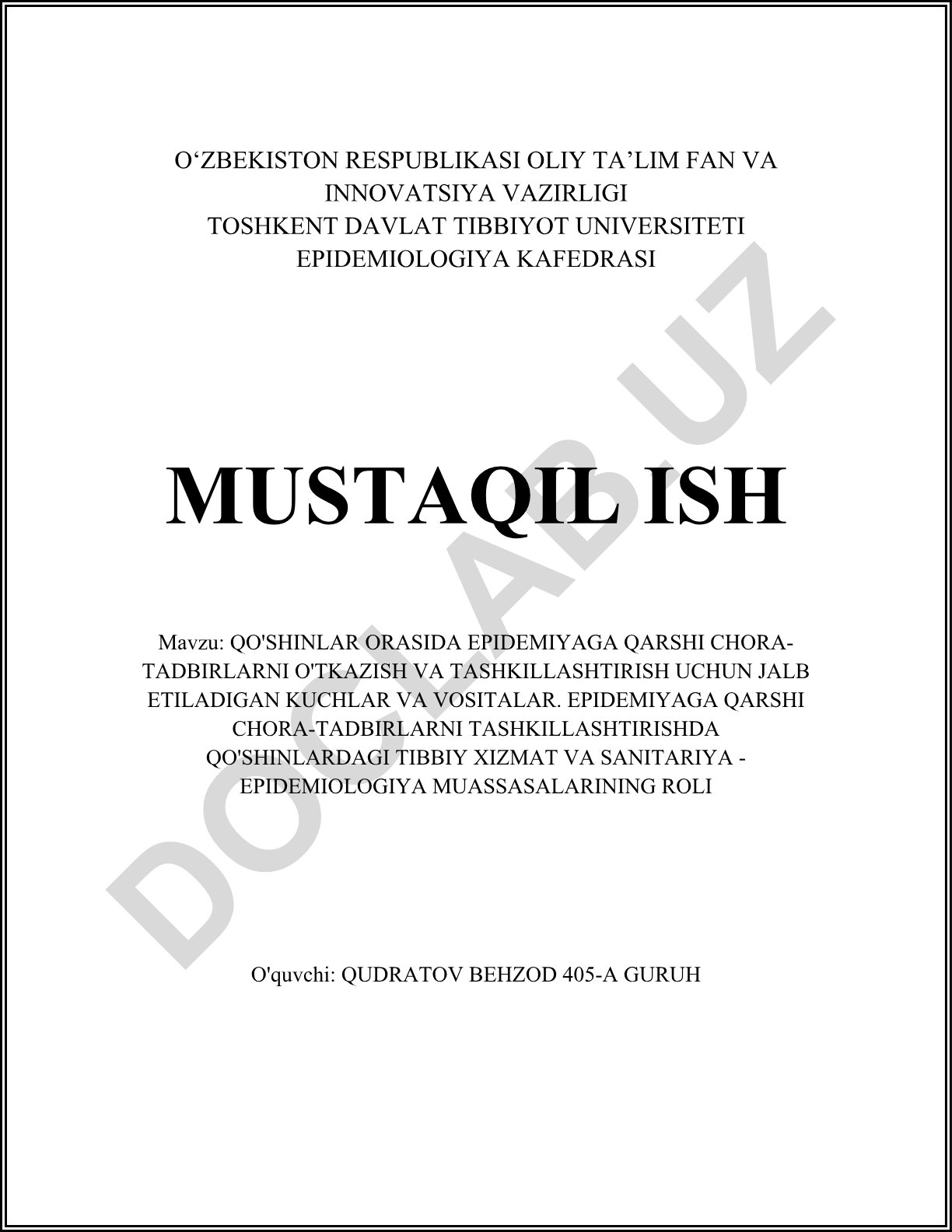 Qo'shinlarda epidemiyaga qarshi chora-tadbirlarni o'tkazish va tashkilashtirish