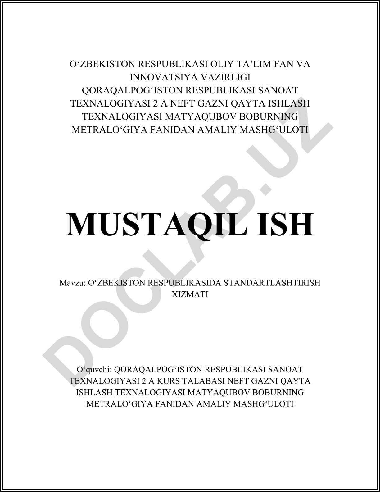 O'zbekiston Respublikasida standartlashtirish xizmati