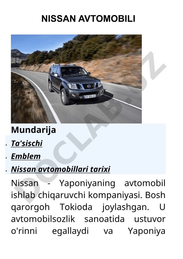 Nissan avtomobil kompaniyasining tarixi va rivojlanishi
