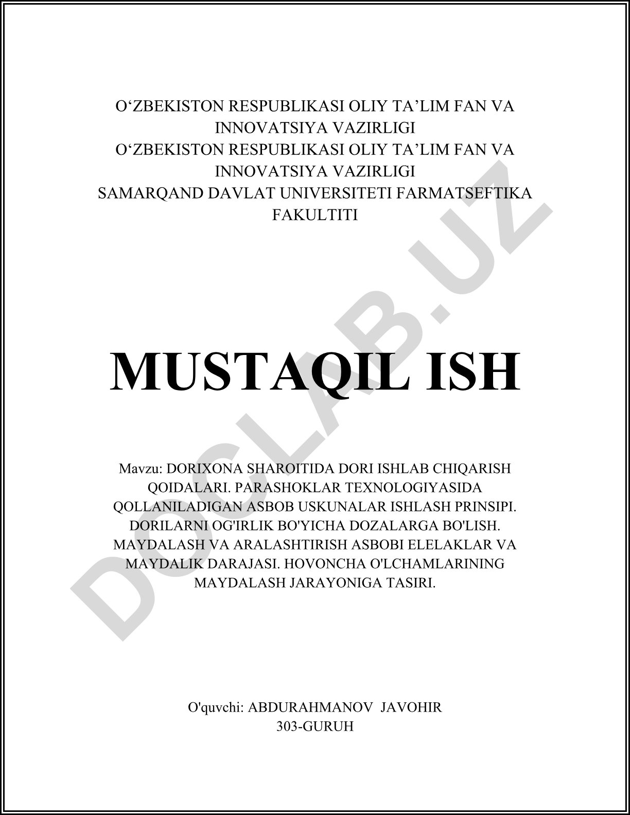Dorixona sharoitida dori ishlab chiqarish qoidalari va parashoklar texnologiyasi