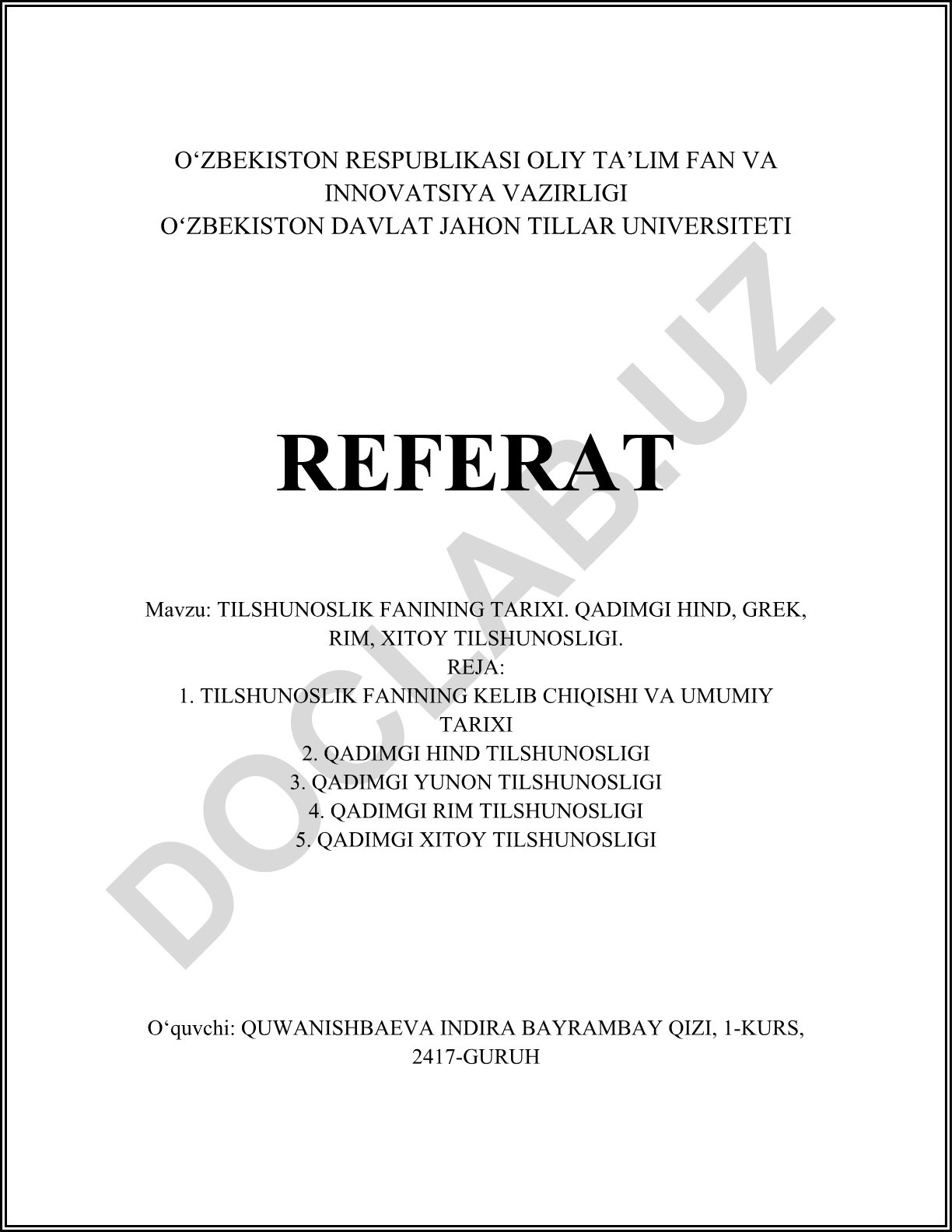 Tilshunoslik fanining tarixi. Qadimgi Hind, Grek, Rim, Xitoy tilshunosligi
