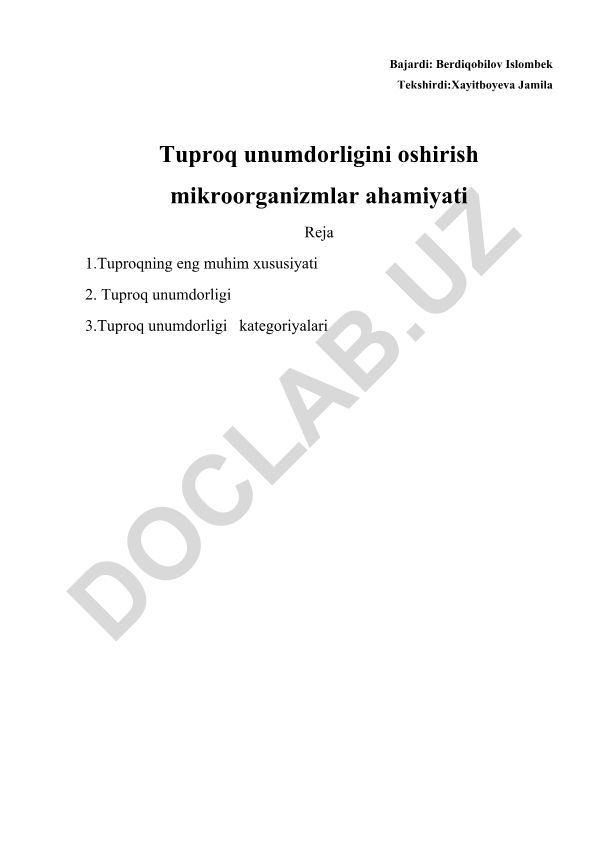 Tuproq unumdorligini oshirishda mikroorganizmlar ahamiyati