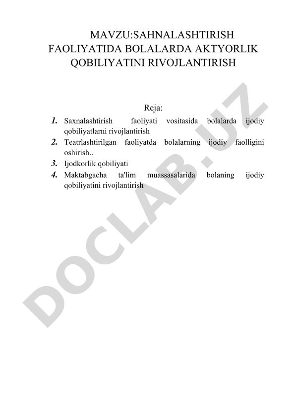Sahnalashtirish faoliyatida bolalarda aktyorlik qobiliyatini rivojlantirish