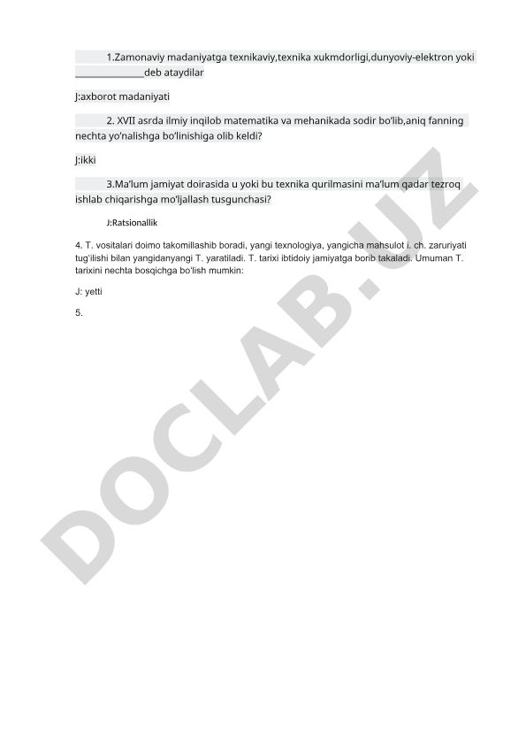 Zamonaviy madaniyat va texnika tarixi test savollari
