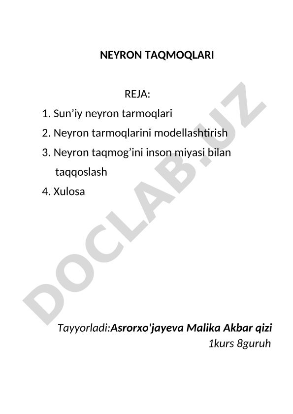 Sun'iy neyron tarmoqlari va ularning modellashtirish tamoyillari