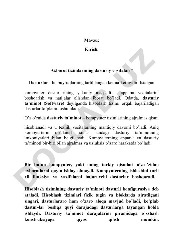 Kirish. Axborot tizimlarining dasturiy vositalari