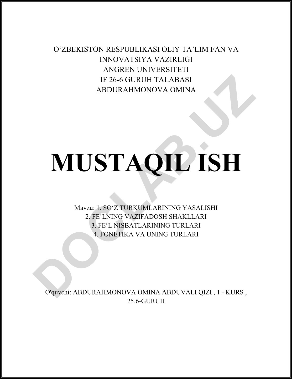 Soʻz turkumlarining yasalishi va feʼlning vazifadosh shakllari