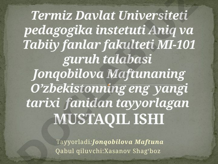 O'zbekistonning mustaqillik yillaridagi taraqqiyot yo'li va islohotlar