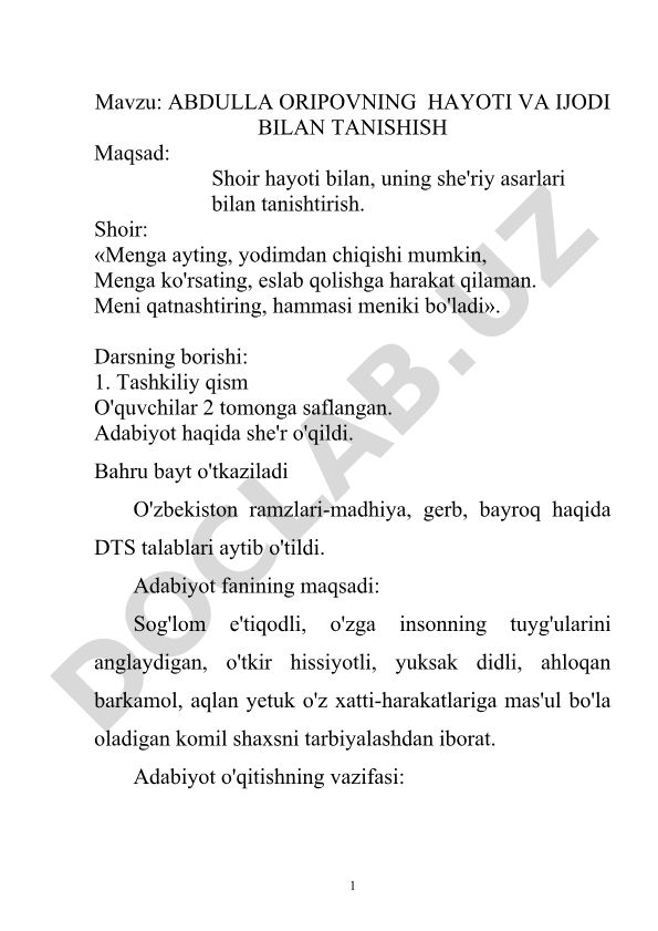Abdulla Oripovning hayoti va ijodi bilan tanishish