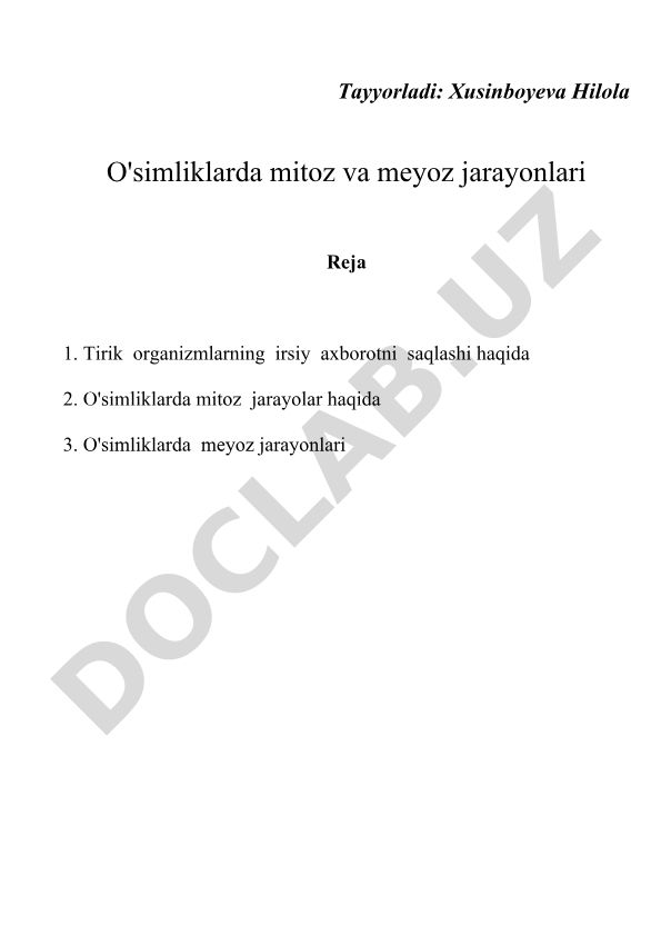 O'simliklarda mitoz va meyoz jarayonlari