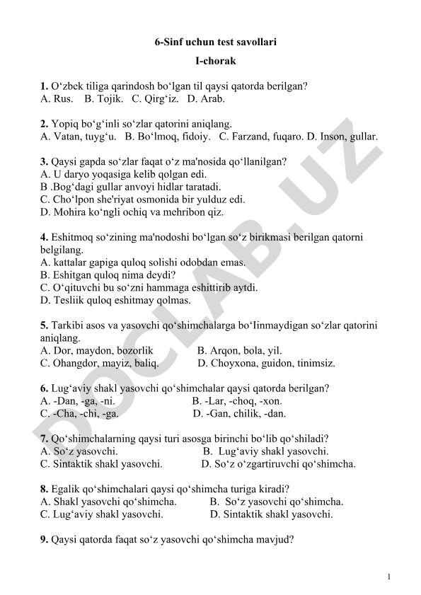 6-sinf uchun o'zbek tili test savollari I-chorak