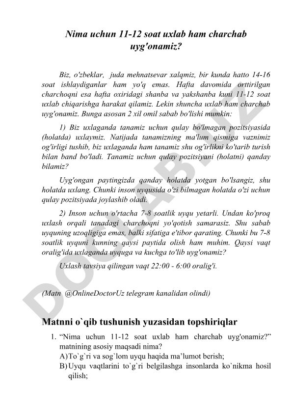 Uyqu vaqtining charchoq bilan bog'liqligi
