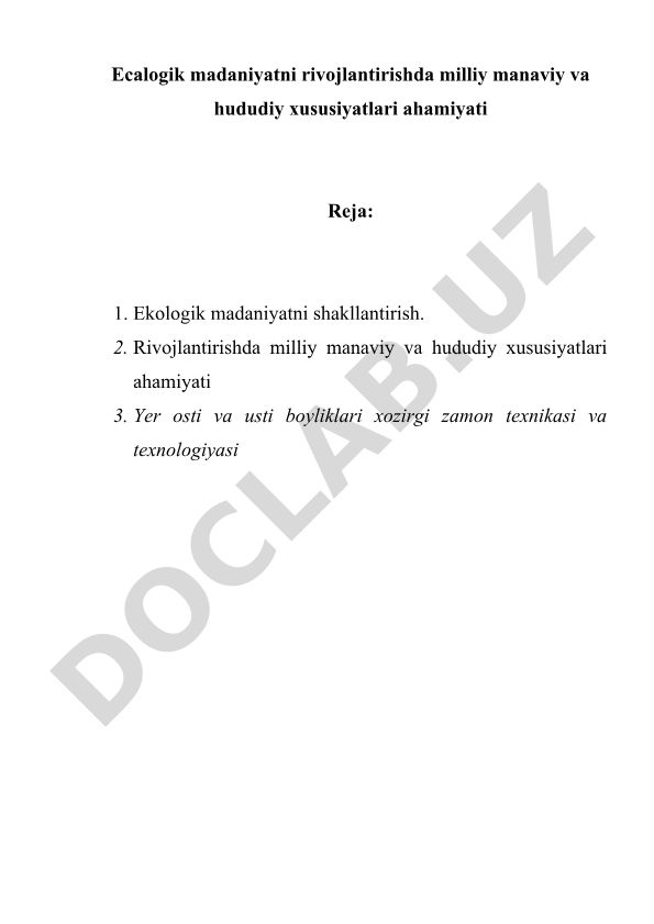 Ekologik madaniyatni rivojlantirishda milliy manaviy va hududiy xususiyatlari ahamiyati