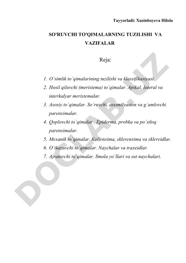 O'simlik to'qimalarining tuzilishi va vazifalari