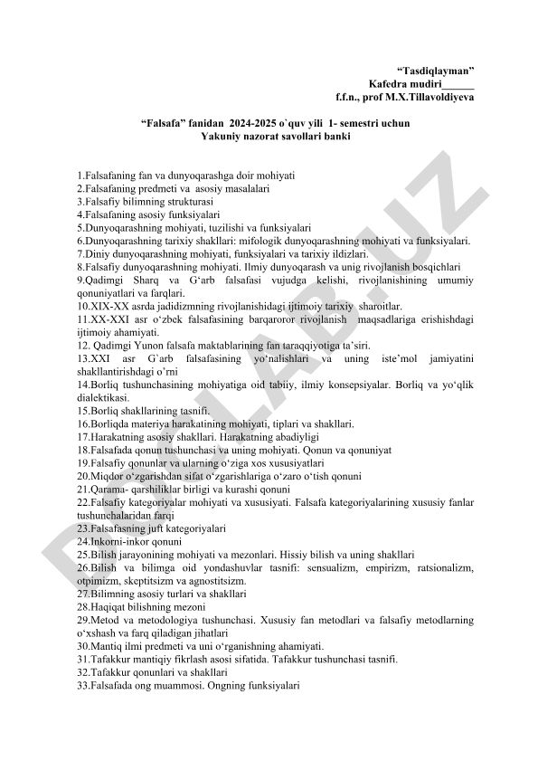 Falsafa fanidan 2024-2025 o'quv yili 1-semestr uchun yakuniy nazorat savollari banki