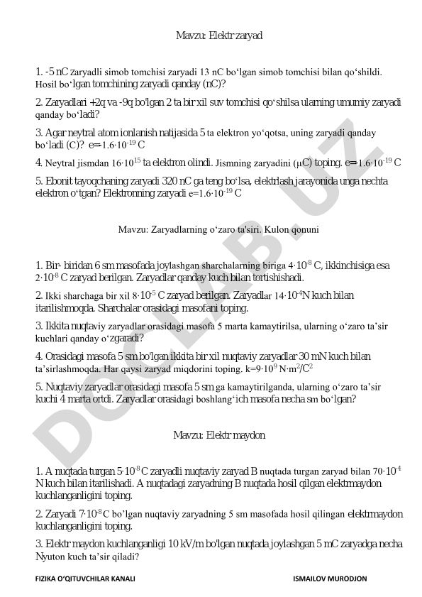 Elektr zaryad va Kulon qonuni bo'yicha fizika masalalari