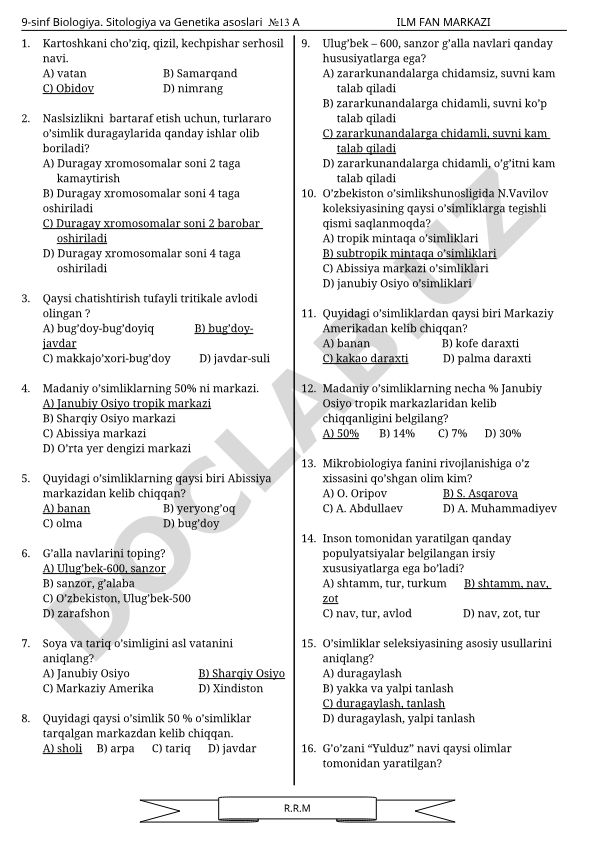 9-sinf biologiya test savollari: Sitologiya va Genetika asoslari