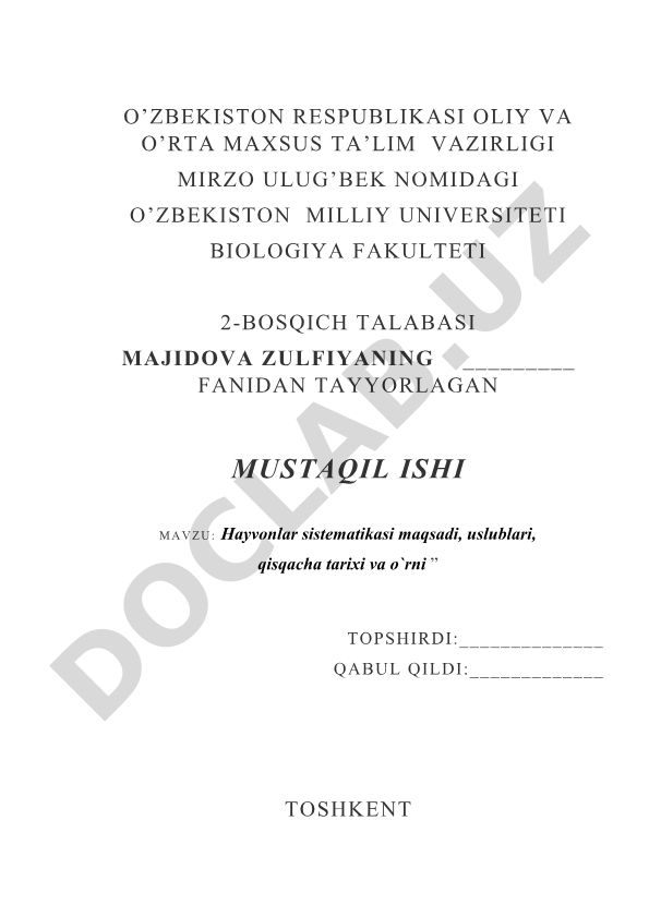 Hayvonlar sistematikasi maqsadi, uslublari, qisqacha tarixi va o'rni