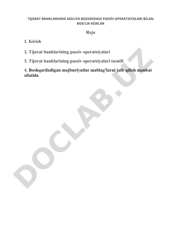 Tijorat banklarining passiv operatsiyalari bilan bog'liq risklar