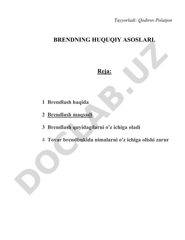 Brendning huquqiy asoslari va brendlash jarayoni