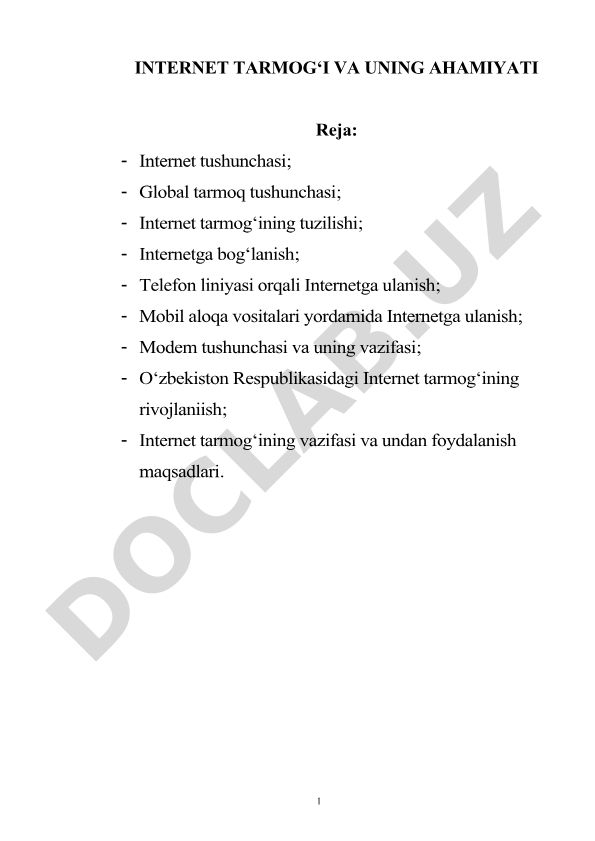 Internet tarmog‘i va uning ahamiyati