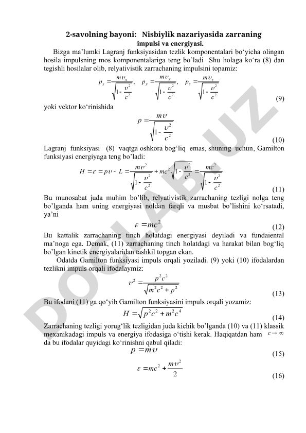 Nisbiylik nazariyasida zarraning impulsi va energiyasi