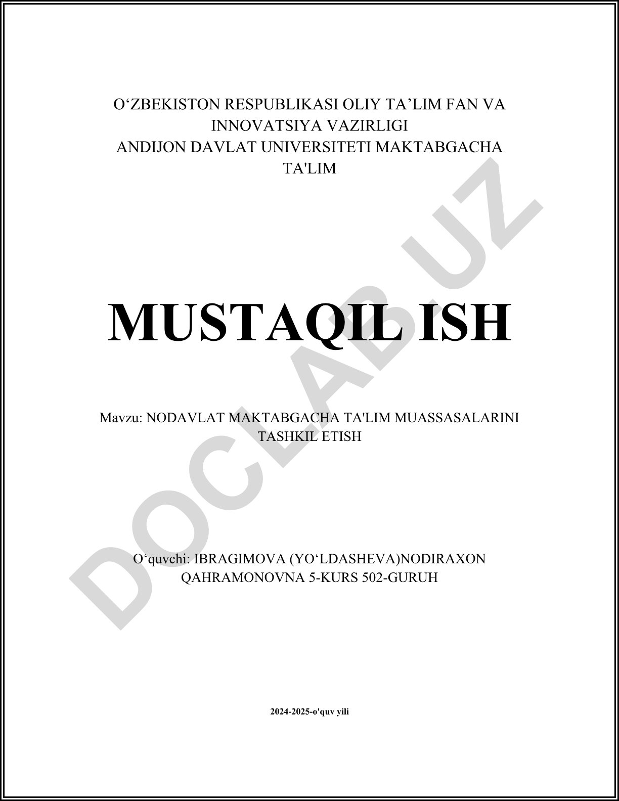 Nodavlat maktabgacha ta'lim muassasalarini tashkil etish