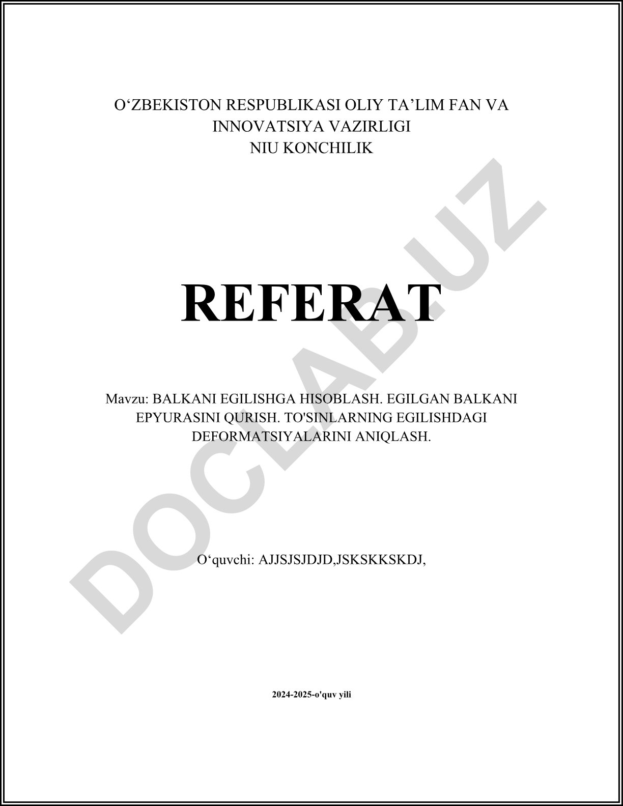 Balkani egilishga hisoblash. Egilgan balkani epyurasini qurish. To'sinlarning egilishdagi deformatsiyalarini aniqlash