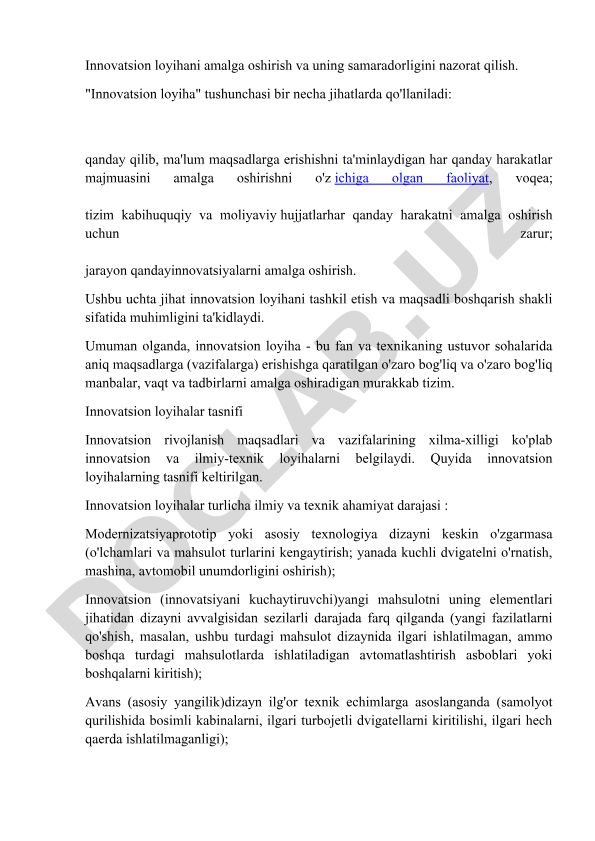 Innovatsion loyihani amalga oshirish va samaradorligini nazorat qilish