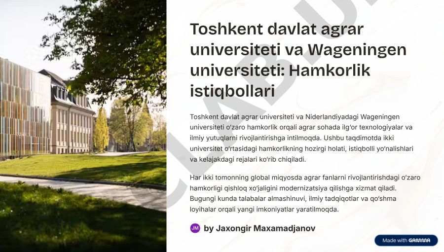 Toshkent davlat agrar universiteti va Wageningen universiteti hamkorlik istiqbollari