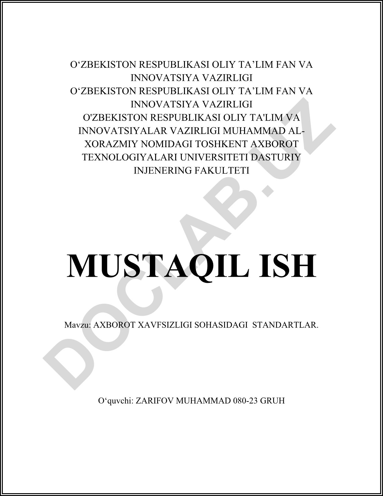 Axborot xavfsizligi sohasidagi standartlar