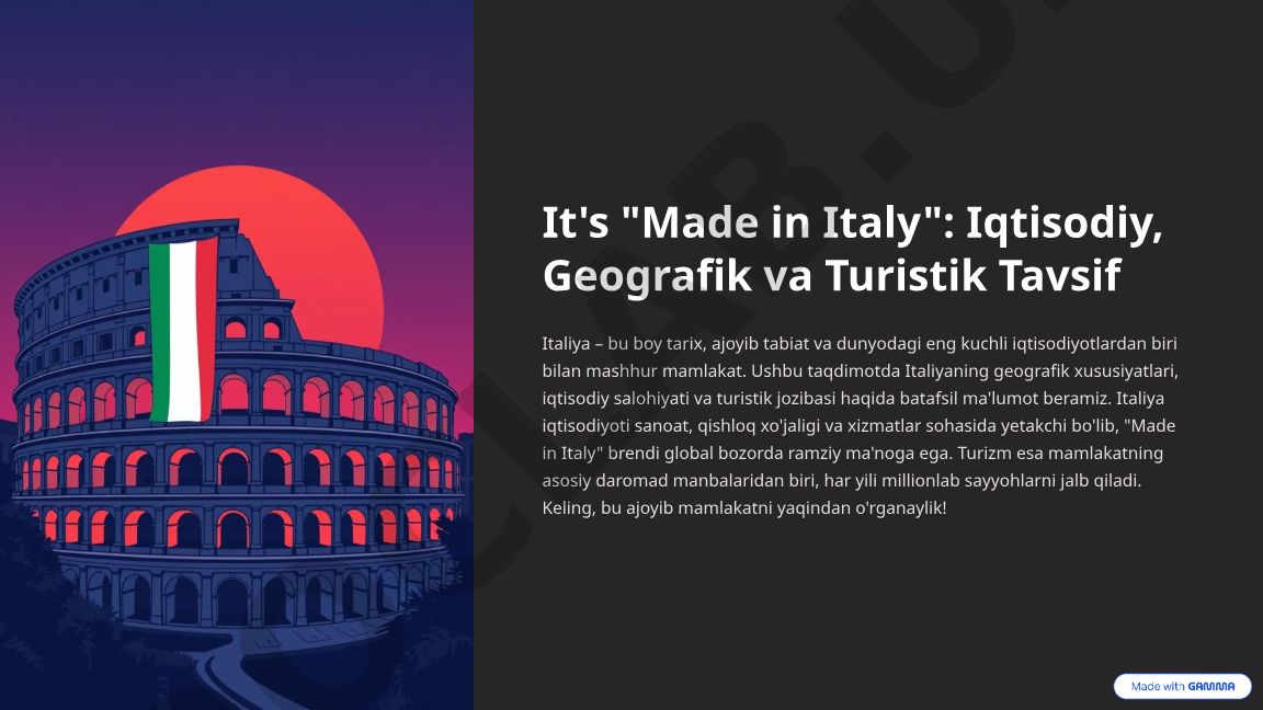 Italiyaning geografik xususiyatlari, iqtisodiy salohiyati va turistik jozibasi