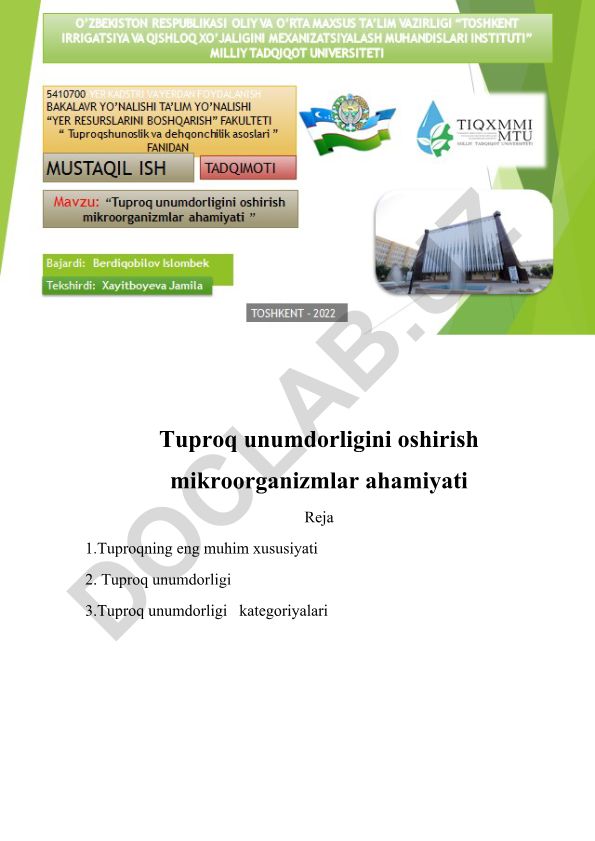 Tuproq unumdorligini oshirishda mikroorganizmlarning ahamiyati