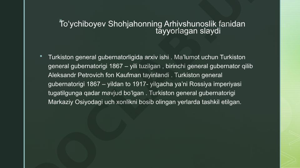 Turkiston general gubernatorligida arxiv ishi