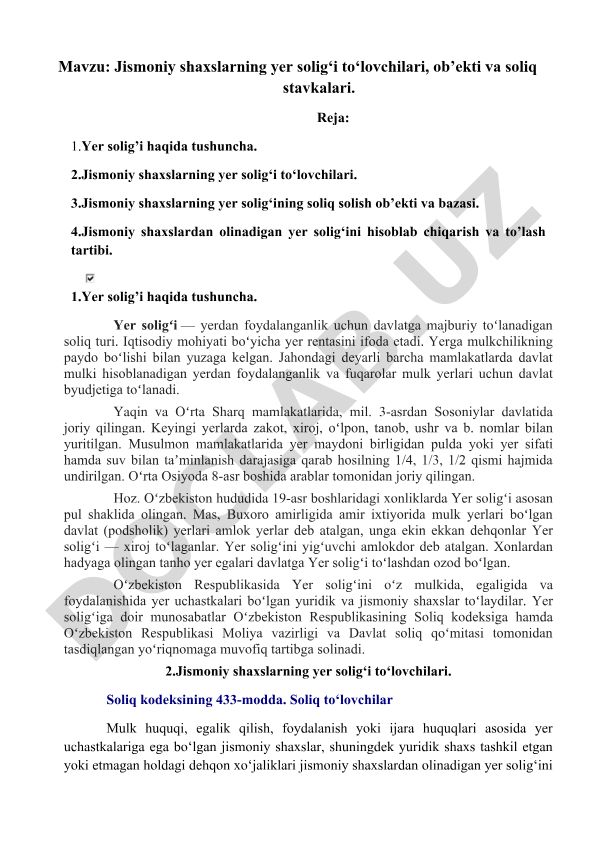 Jismoniy shaxslarning yer solig‘i to‘lovchilari, ob’ekti va soliq stavkalari