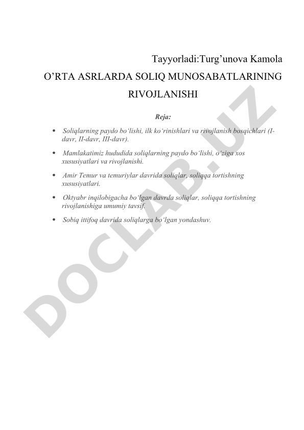 O'rta asrlarda soliq munosabatlarining rivojlanishi