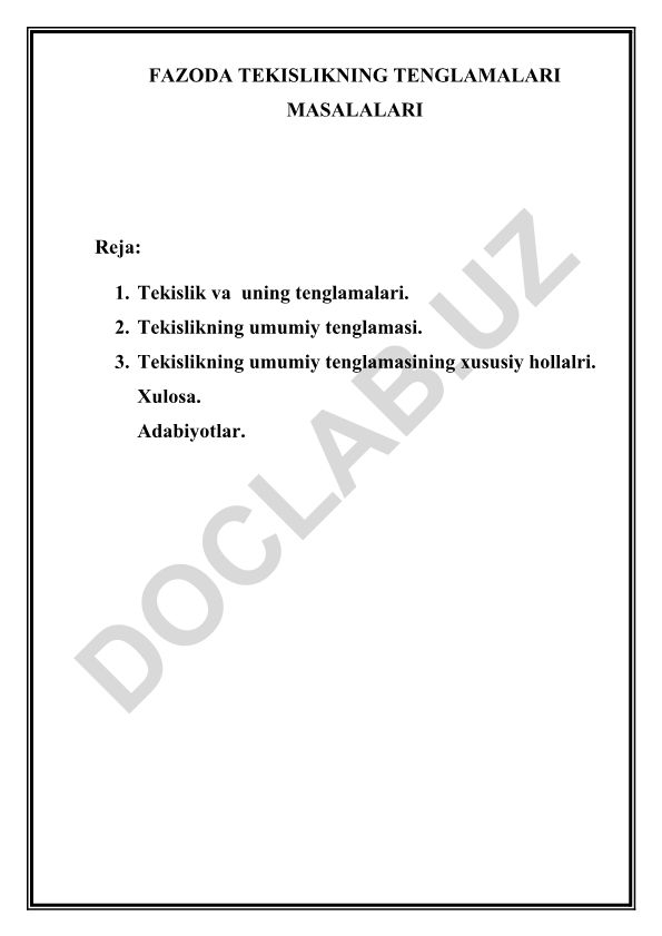 Fazoda tekislikning tenglamalari masalalari