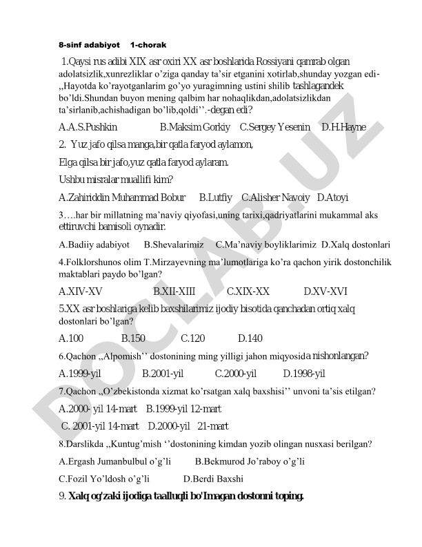 8-sinf adabiyot fanidan 1-chorak test savollari